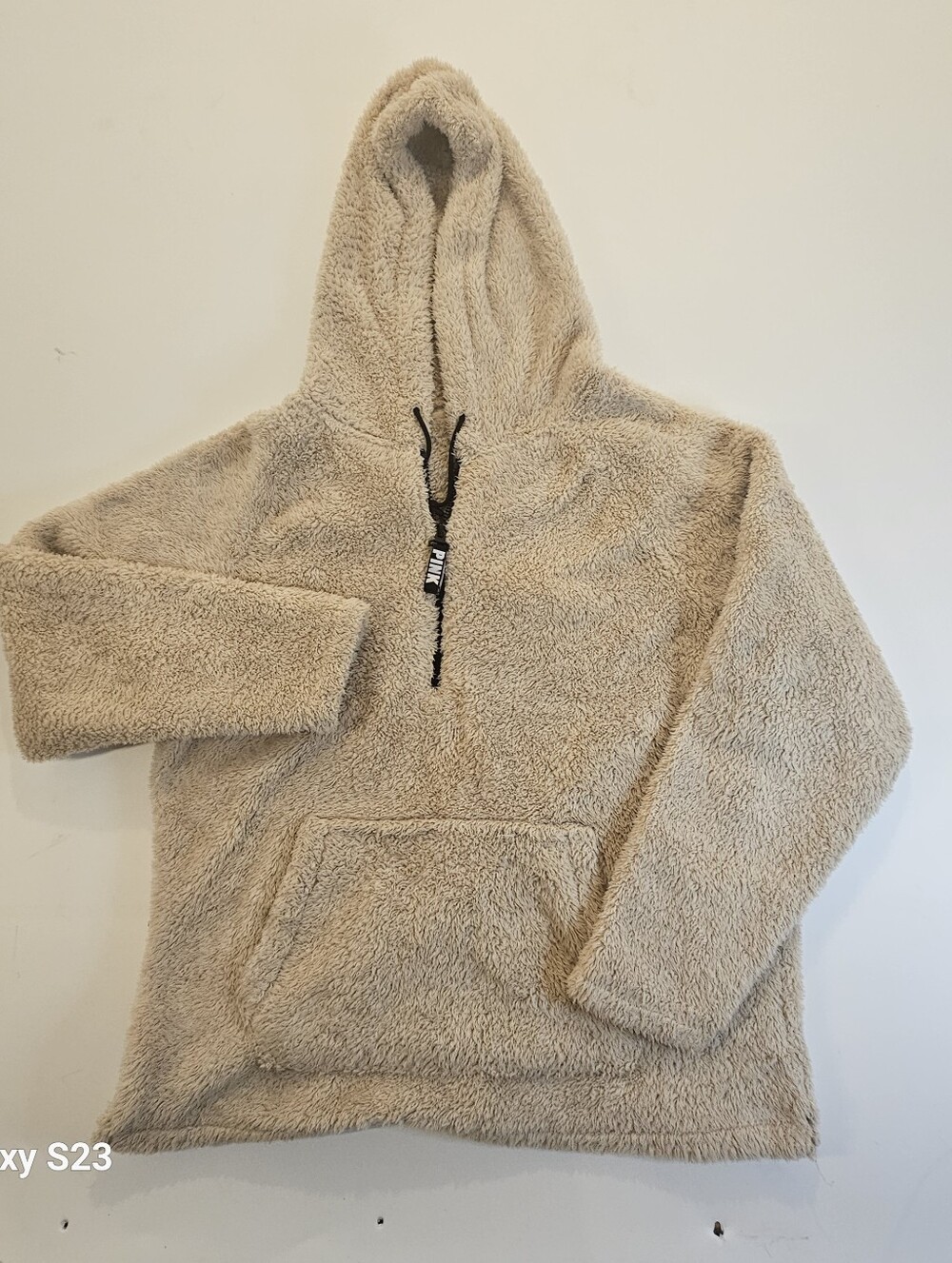 PINK Victoria’s Secret Sherpa Fleece Hoodie Women’s M Beige Quarter Zip Plush